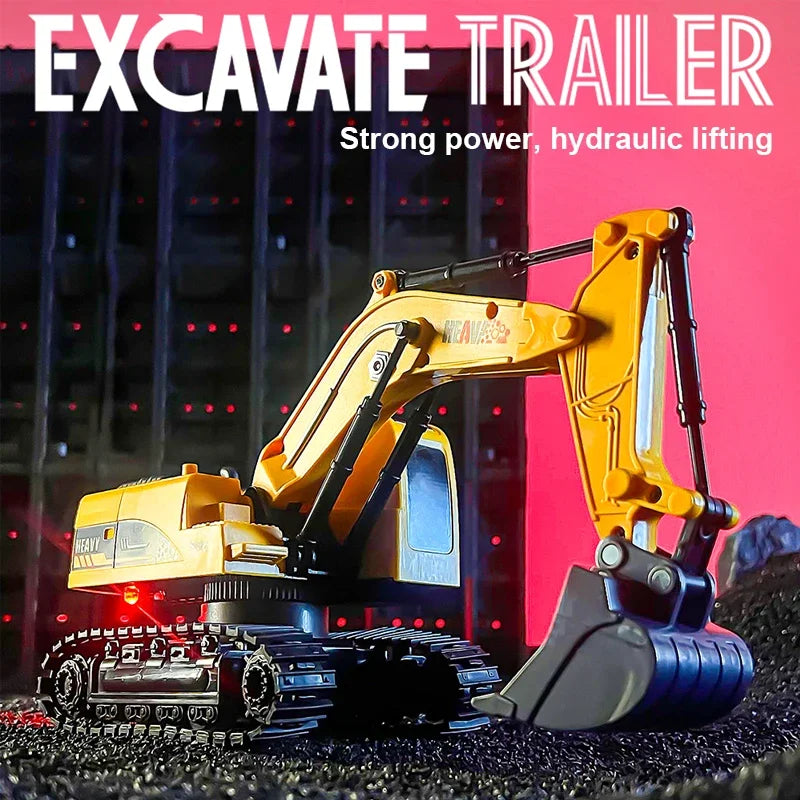 1/12 Rc Flat Truck with Excavator 11Ch Alloy Engineer Vehicle 2.4G Remote Control Car Radio Controlled Trailer Toys for Boy