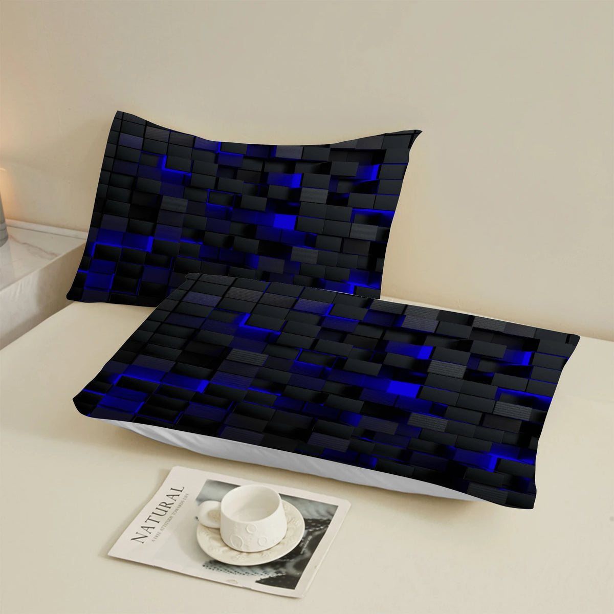 1 Piece 3D Geometric Square Fitted Sheet Black Blue Luminous Cube Texture Soft Microfiber Bedding For Modern Bedroom Decor