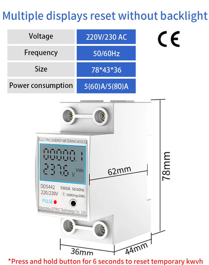 GTRIC Energy Meter 2P Single Phase Voltage Current Power Consumption Meter Wattmeter LCD Digital Display DIN Rail 230VAC 80A