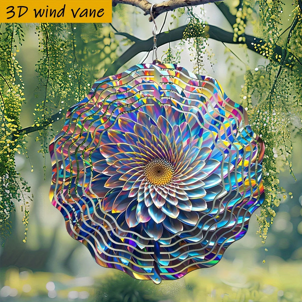 Flower Wind Vane with 360° Rotating Hook - Round Iron Metal Wind Spinner, Vibrant Multicolor Petals & Iridescent Rainbow Colors