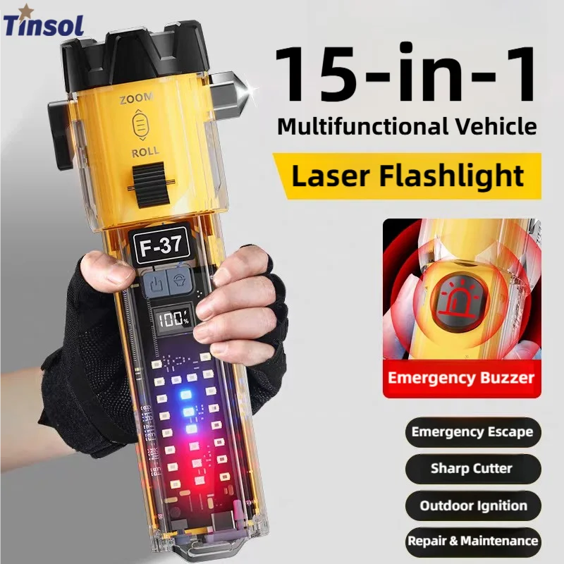 TINSOL Multifunctional Flashlight Car Safety Hammer Outdoor Emergency Flashlight Rescue Portable Self-Defense Flashlight