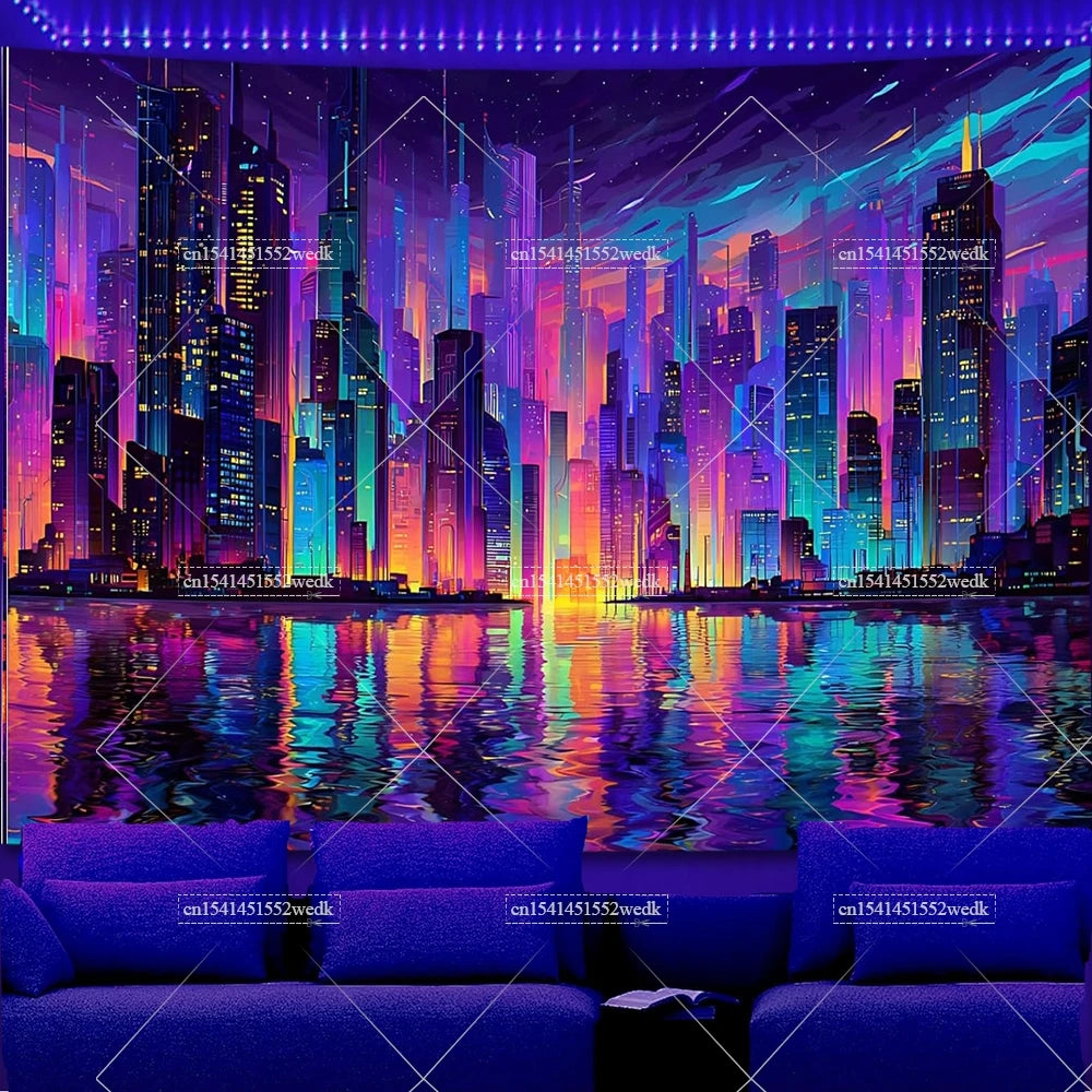 Glow In The Dark Urban Landscape Blacklight Tapestry UV Reactive Street Scene Neon Tapestrys Aesthetic Fluorescent Tapestries