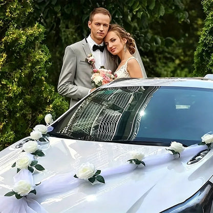 Wedding Car Decoration Set 9Pcs White Artificial Rose Flowers with 160cm Organza Ribbon Bridal Car Decor