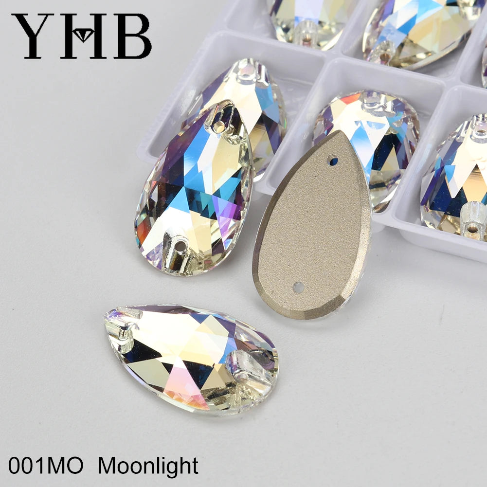YHB Drop Moonlight Glass Lt Siam Crystal AB Sewing Stones Flatback Sew on Rhinestones For Garment Clothes Bags