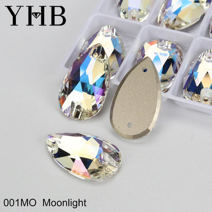 YHB Drop Moonlight Glass Lt Siam Crystal AB Sewing Stones Flatback Sew on Rhinestones For Garment Clothes Bags