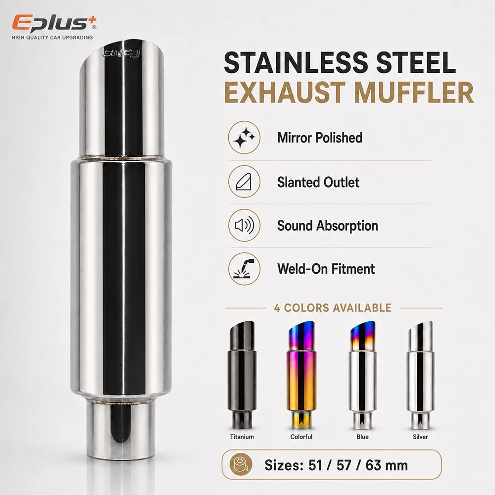 EPLUS Universal Car&Motorcycle Stainless Steel Exhaust Muffler Slant Cut Tip Car Exhaust Resonator 51/57/63mm Inlet