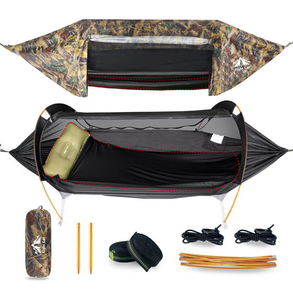 Hammock Solo Camping with Rain Fly and Bug Net Hammock Tent with Storage Pocket for Sleeping Pad Green/Camo