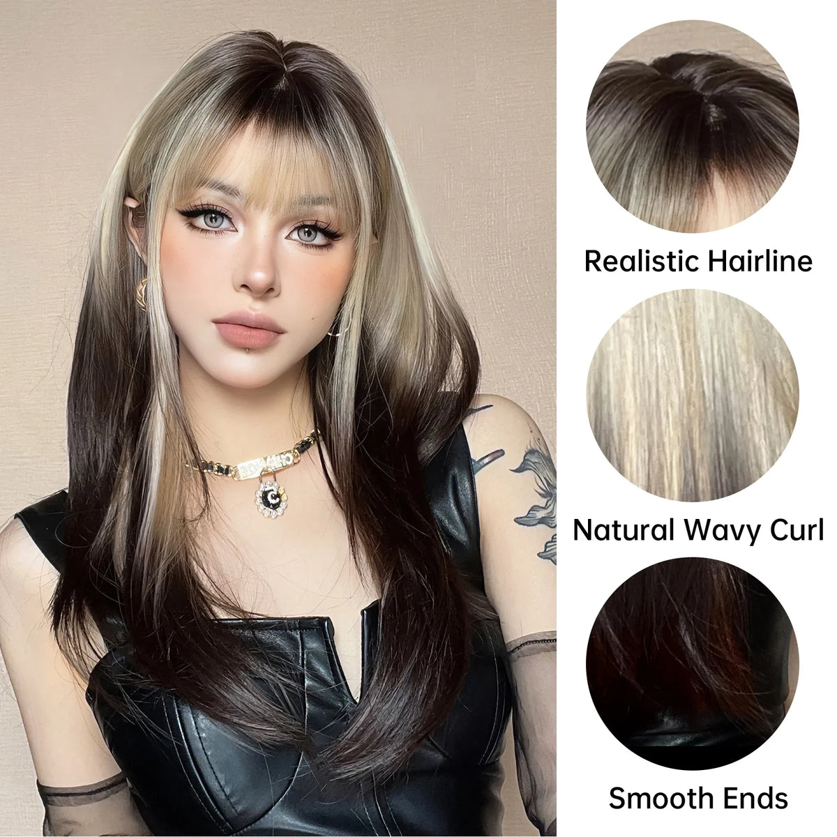 Women's Long Straight Brown Black to White Ombre Wig - Heat-Resistant Synthetic Hair,for Daily Use Cosplay Enthusiasts Christmas