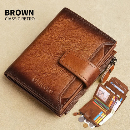 GERUOLA Men's Genuine Leather Wallet, Vintage RFID Blocking Anti-Theft Folding Wallet, ID Window, Coin Pocket, and Zipper Closur