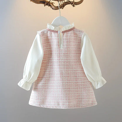 Spring and Autumn New Baby Girl Long Sleeve Dress Fake Two Small Checkered Children's Clothes (0-3 Years Old)