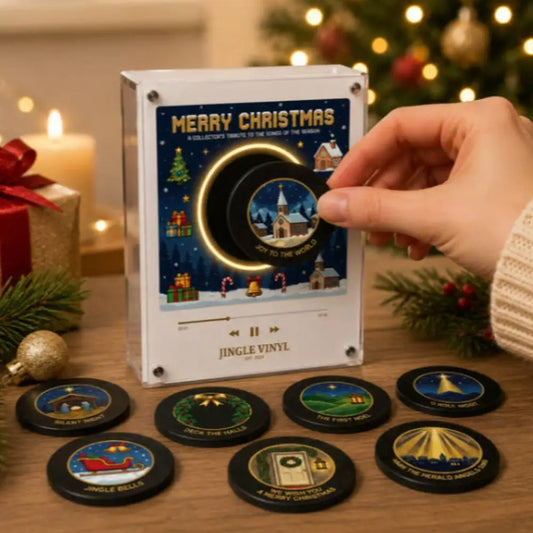 Christmas NFC Magnetic Vinyl Record Player with 9 Replaceable Discs LED Ambient Light Touch-Play Music Box Home Fridge Ornament