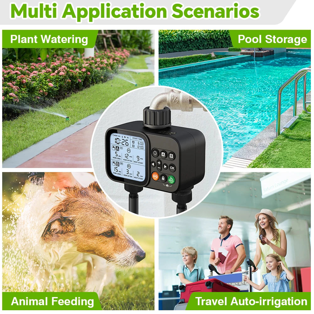 Smart 2-Outlet Irrigation Timer with Backlit LCD Display Rain Sensor for Outdoor Garden Automatic Irrigation Watering System