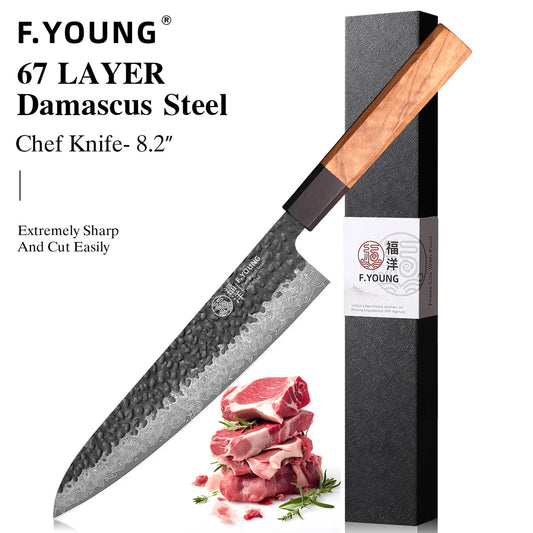 F.YOUNG 8.2" Japanese Chef Knife 67 Layer Damascus Steel Handmade Professional Slicing Sashimi Knives Sharp Kitchen Cook Tools