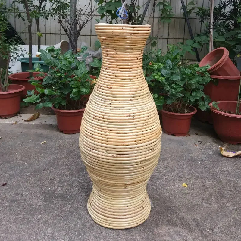 Large Natural Woven Rattan Floor Vase Bohemian Style Eco-Friendly Living Room Centerpiece Standing Planter for Home Decor