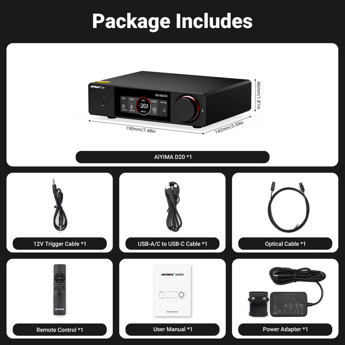 AIYIMA D20 Dual-Chip DAC ES9039Q2M & AK4493S Bluetooth 5.1 ARC USB Coaxial Dual Optical XU316 Fully Balanced HiFi Audio Decoder