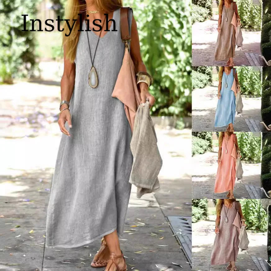 Women's V Neck Sleeveless Linen Dress Loose Solid Color Dress Breathable Lightweight Summer Beach Vacation Casual Cover Up