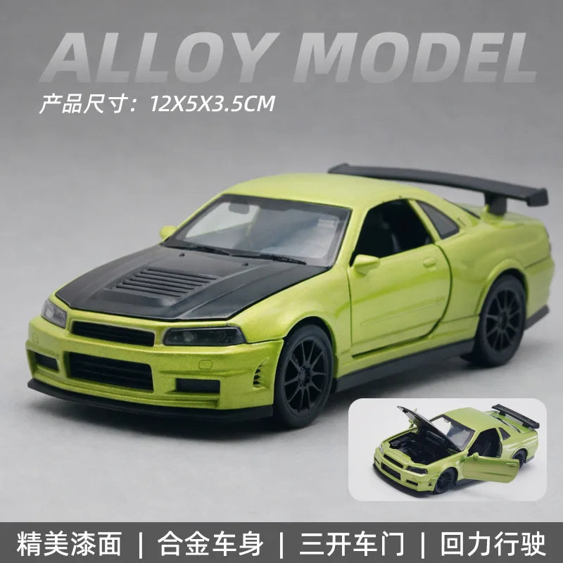 1:36 MX-5 MX5  RX7 R34 Series alloy car model with openable door convertible sports car boy pull-back toys as gifts as ornaments