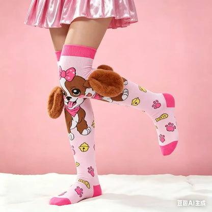 1 pair of pink, light blue cute cartoon dog girl and knee socks-with cute 3D ears, very suitable for casual clothes and gifts, h