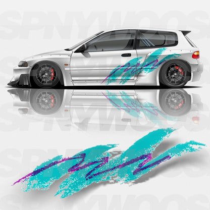 Full Color Printed Decals on Both Sides of The Car, Blue Graffiti Retro Solo Jazz Car Side Door Modification Decals Accessories