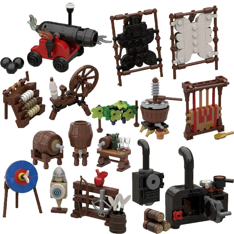 Medieval Scene Building Blocks Castle Street View Winery Tavern Loom Stove Leather Drying Rack Shooting Range Cannon Bricks Toys