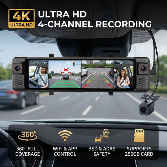 11.26'' 4K Rear View Mirror Dash Cam Supports ADAS BSD 4 Channel 360° Front Left Right Rear Car DVR Loop Recording Black Box