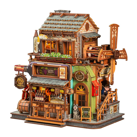 DIY Wooden Corner Tavern Cottage Miniature Model Kits With Furniture Puzzles Casa Dollhouse for Friends Birthday Gifts