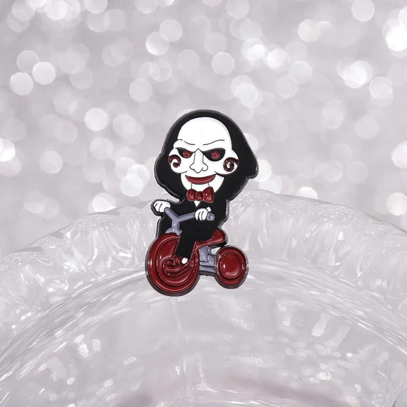 Horror Movie Jigsaw Billy Mechanical Puppet Enamel Pin Clown On Bicycle Halloween Brooch Lapel Badge Jewelry Gift For Friends