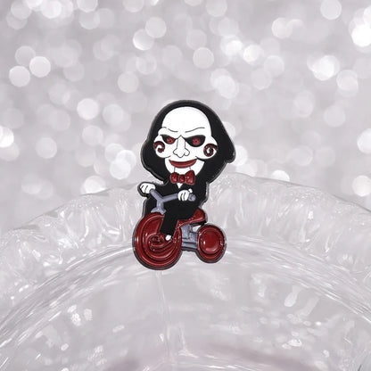 Horror Movie Jigsaw Billy Mechanical Puppet Enamel Pin Clown On Bicycle Halloween Brooch Lapel Badge Jewelry Gift For Friends