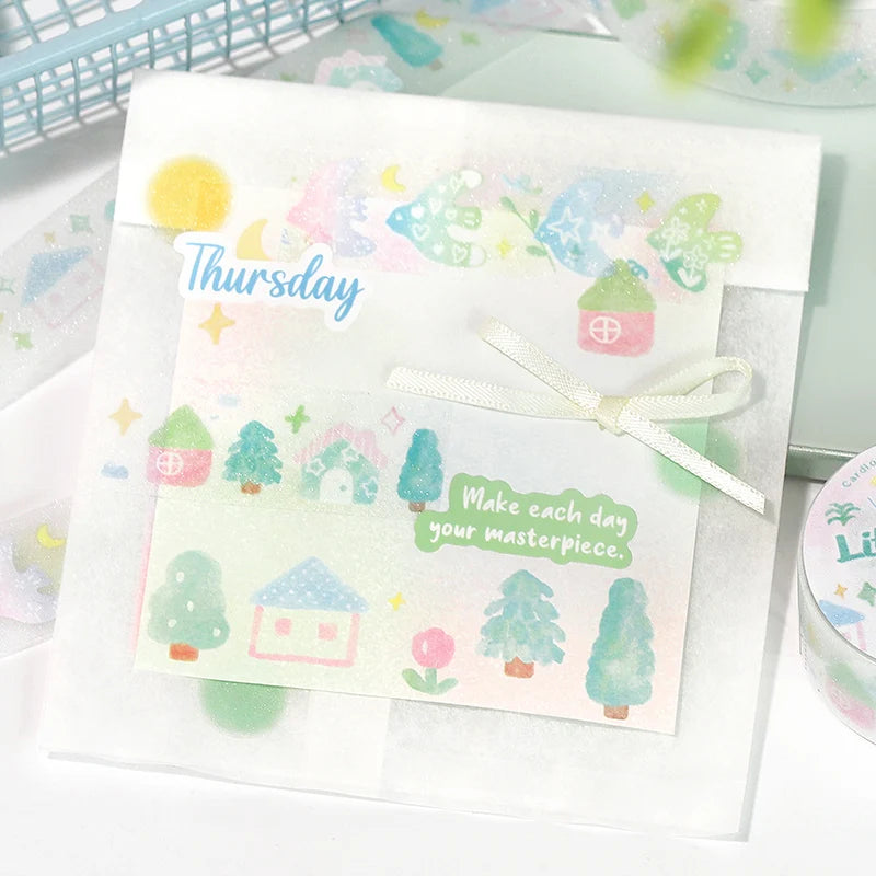 3m/roll Kawaii Korean INS Lucky Grass Sparkling Sand PET Tape Stickers DIY Scrapbook Decoration Diary Album Aesthetic Stationery