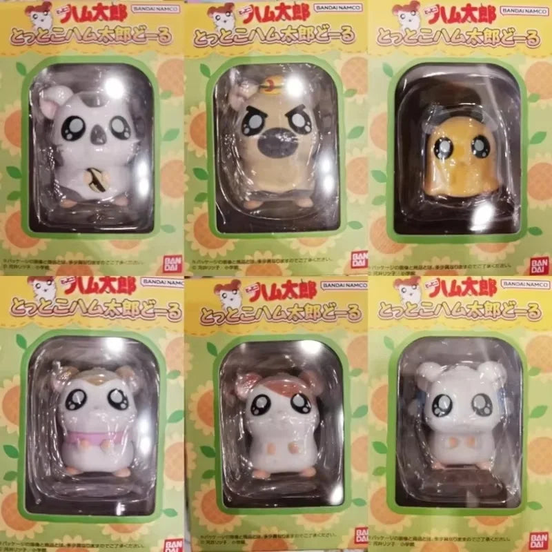 Bandai Genuine Hamtaro Hamster Collection Ornaments Anime Figure Model Kawaii Doll 6pcs Desktop Decoration Collection Toys Gifts