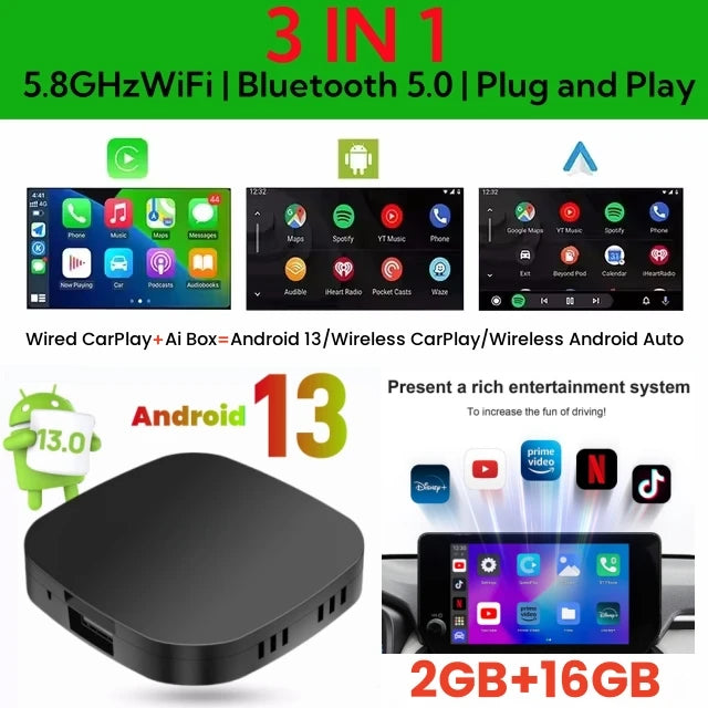 2026 Kowankit Android13 CarPlay Ai Box Wireless Android Auto 3 in 1 USB Adapter Plug & Play For Youtube Netflix Universal TV Box