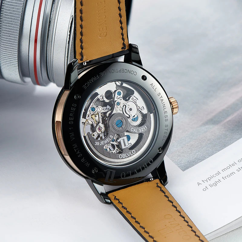 OBLVLO Luxury Retro 45mm Dial Skeleton Automatic Watches For Men Calfskin Strap Mineral Crystal Waterproof Mechanical Watch VM