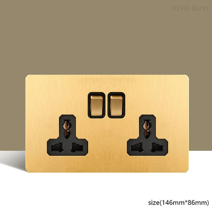 Retro Wall Light Toggle Switch Dual EU FR Socket Gold Stainless Steel Brushed Panel  Vintage Brass Lever For Home Improvement