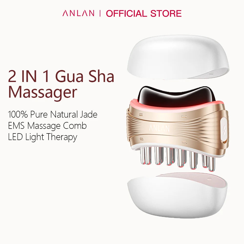 ANLAN 2 In 1 Gua Sha Massager Natural Jade Massage Head 3-Color LED Skincare Microcurrent Scalp Care Vibration Massage Comb