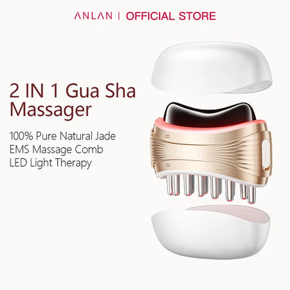 ANLAN 2 In 1 Gua Sha Massager Natural Jade Massage Head 3-Color LED Skincare Microcurrent Scalp Care Vibration Massage Comb