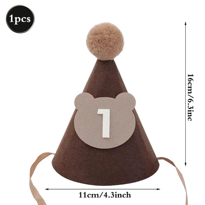 Cute Bear Kids 1st Birthday Hat Thick Non-woven Cute Bear Felt Birthday Banner Ball String Baby Shower Party Decoration Supplies