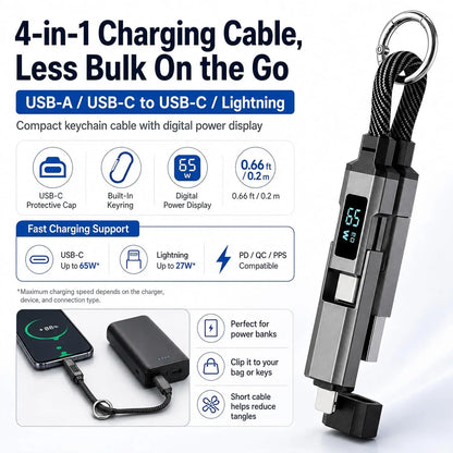 4-in-1 Keychain USB C Cable with V/A/W Display, 65W Fast Charging with LED  Charger Cord for iPhone 16/15, iPad,MacBook, Samsung