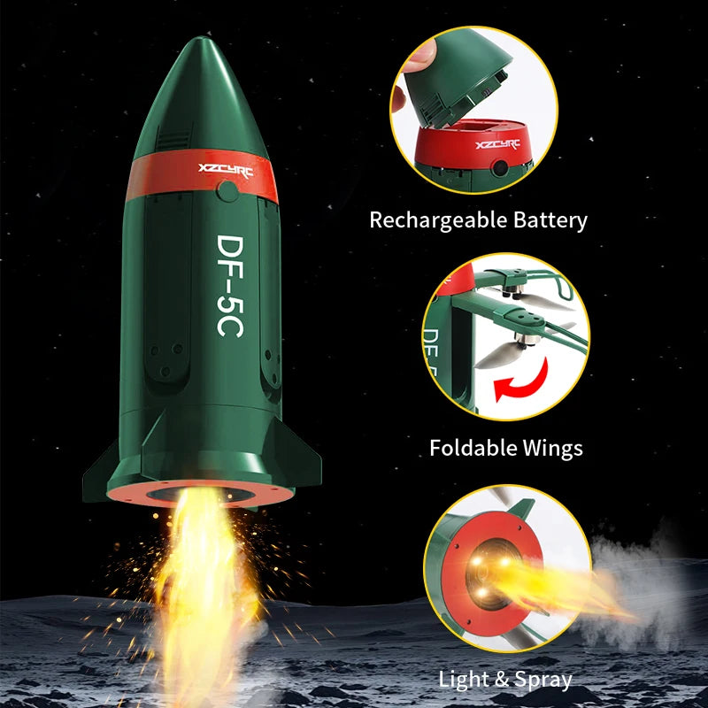DF-5C Rocket Drone Brushless Motor Flame Spray LED Lights 2.4G RC Foldable One Key Takeoff Landing Headless Mode Kids Toy