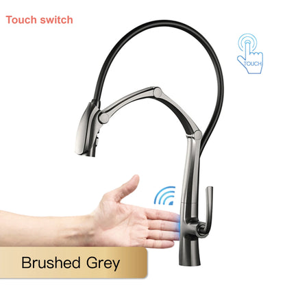 AITANA Gun Grey Luxury Brass LED Display Kitchen Faucet，Touchless Sensor，Pull-Out 3-Function Spray Water-Saving SinK Mixer