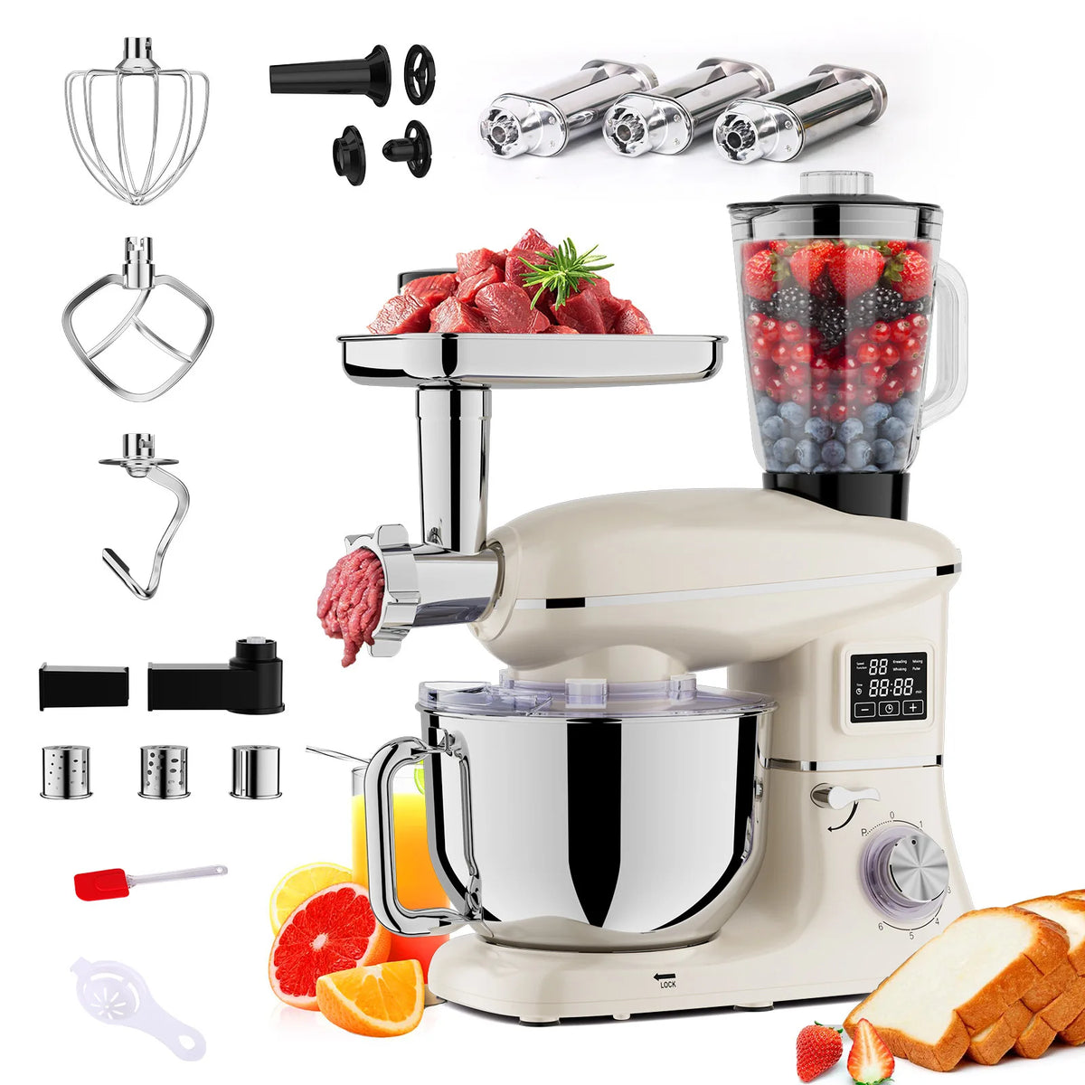 Tand Mixer with LCD Display, 1900W Professional Dough Kneader with 6-Speed & Pulse, Full Set Attachments & Stainless Steel Bowl,