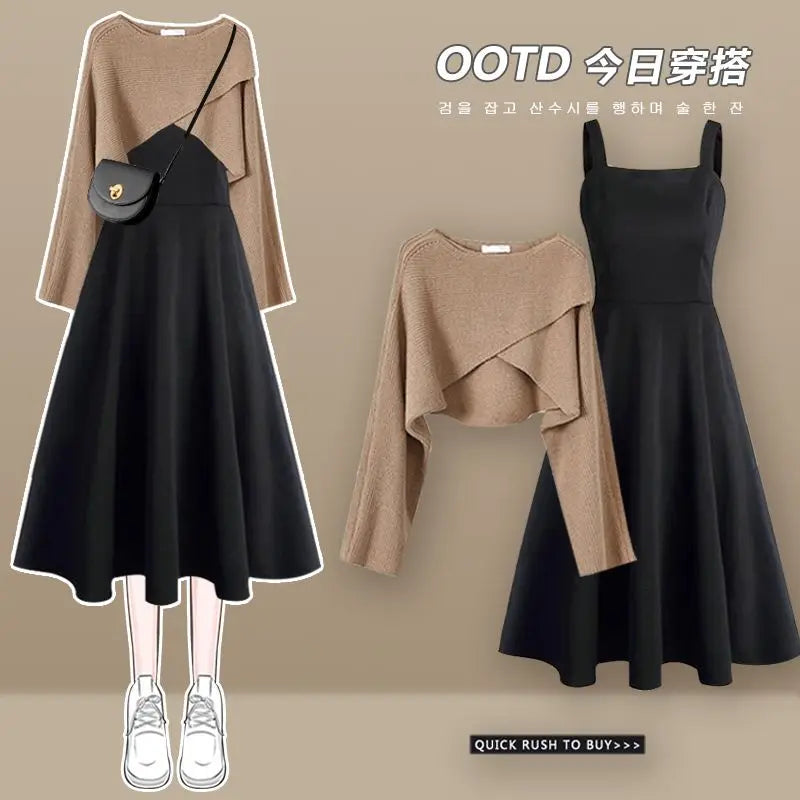2026 Women's Spring Autumn New Dress Matching Set Female Elegant Short Knitted Sweater+Irregular Sexy Strap Skirt Two Piece Suit
