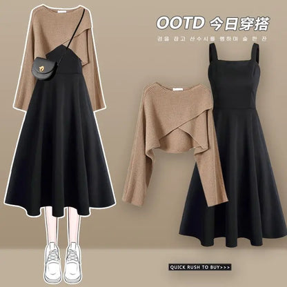 2026 Women's Spring Autumn New Dress Matching Set Female Elegant Short Knitted Sweater+Irregular Sexy Strap Skirt Two Piece Suit