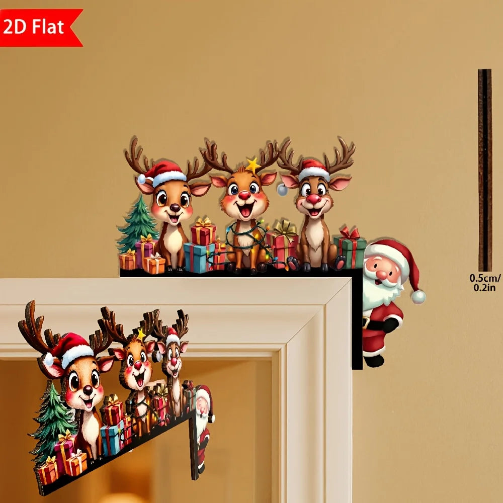 1Pcs 2D Christmas Corner Sign Elk Gift Santa Claus Frame Wooden Door Sitter Home Wall Decors Festive Xmas Decor Gifts