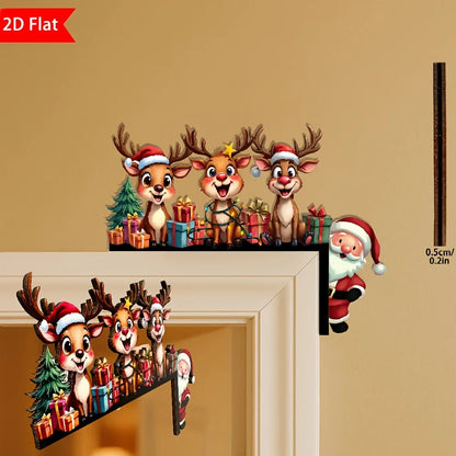 1Pcs 2D Christmas Corner Sign Elk Gift Santa Claus Frame Wooden Door Sitter Home Wall Decors Festive Xmas Decor Gifts