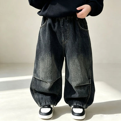 RAISE 2026 Autumn Kids Boys Jeans 2-10Yrs Boys Solid Loose Straight Pants Loose Elastic Waist Children Boys Spliced Denim Pants