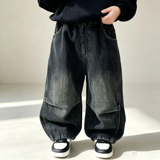 RAISE 2026 Autumn Kids Boys Jeans 2-10Yrs Boys Solid Loose Straight Pants Loose Elastic Waist Children Boys Spliced Denim Pants