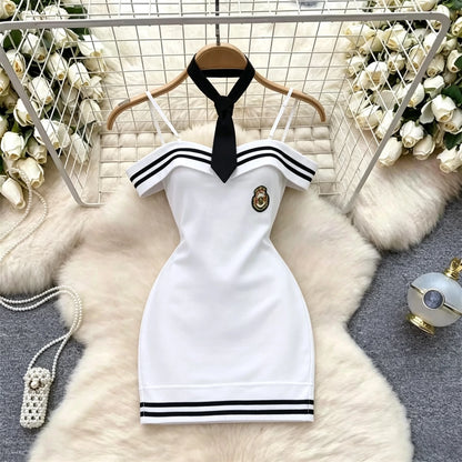 Sexy Mini Dresses Hotsweet Uniform Style Club Slimming Dress Retro Striped One-Shoulder Bodycon Short Skirt Sleeveless Fashion