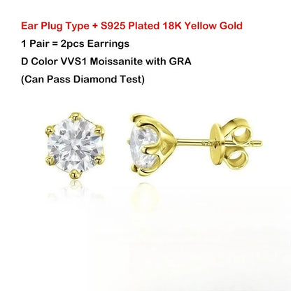 EWYA 0.2/0.5/2ct D Color Moissanite Screw Stud Earrings for Women Men Silver 925 Plated 18K Pass Diamond Test 6 Prong Earring