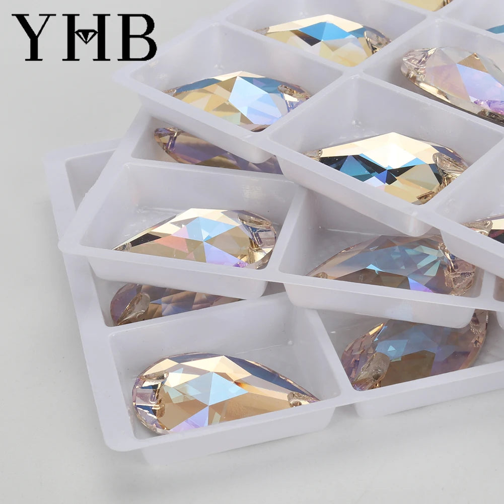 YHB Drop Moonlight Glass Lt Siam Crystal AB Sewing Stones Flatback Sew on Rhinestones For Garment Clothes Bags