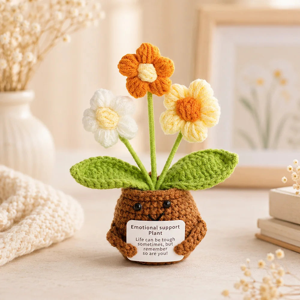 Positive Crochet Handmade Amigurumi Doll Emotional Support Pocket Hug Knit Plant Flower Encouragement Gift for Friends Coworker